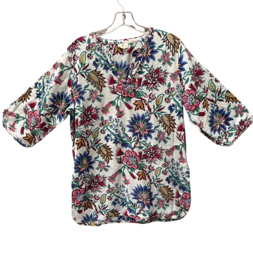 Anokhi Block Print Cotton Tunic Floral Split Neck Top Blue Pink Womens Medium
